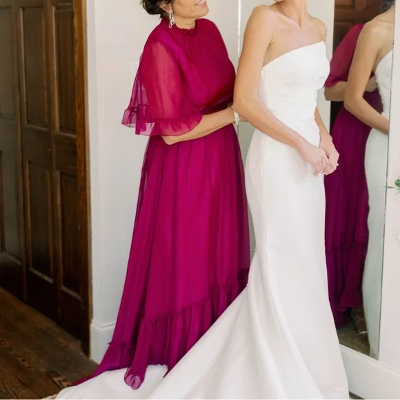 Mac Duggal Ruffled Mock Neck Flutter Sleeve High Low Hem Gown - Picture 3 of 5